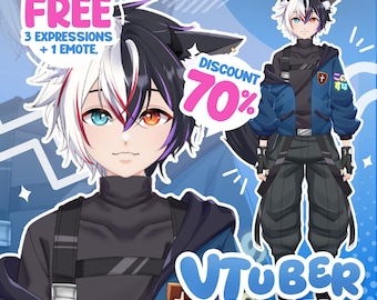 Op de afbeelding: Een digitale illustratie van een anime-personage met zwart-wit gespleten haar, heterochromie-ogen en kattenoren. Het personage draagt een donkerblauw jasje over een zwart shirt en broek. De tekst bevat FREE 3 EXPRESSIONS + 1 EMOTE, DISCOUNT 70% en VTUBER CHARACTER.