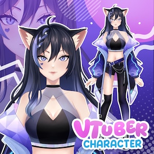 以下が含まれることがあります： 猫耳、青いハイライトと青い目を持つ長い黒髪の女性アニメスタイルのキャラクターのデジタルイラスト。彼女は黒のクロップトップ、ショートパンツ、青いジャケットを着ています。画像には「VTUBER CHARACTER」というテキストが含まれています。