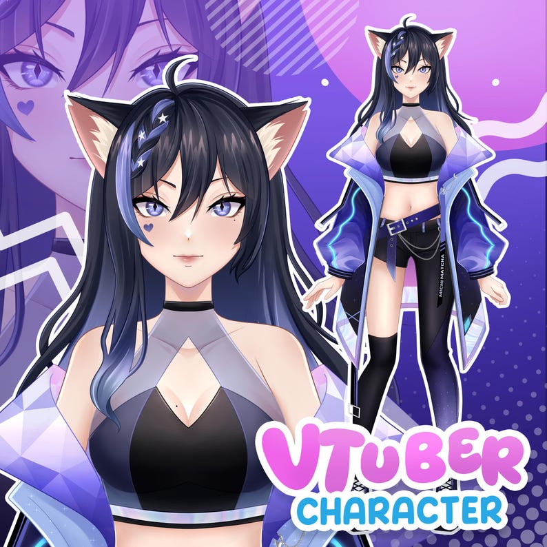以下が含まれることがあります： 猫耳、青いハイライトと青い目を持つ長い黒髪の女性アニメスタイルのキャラクターのデジタルイラスト。彼女は黒のクロップトップ、ショートパンツ、青いジャケットを着ています。画像には「VTUBER CHARACTER」というテキストが含まれています。