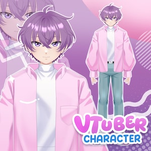 Custom male VTuber avatar design showing anime boy character with pastel color palette, clean outfit design, portrait close-up and full body layout suitable for Live2D rigging and streaming use.