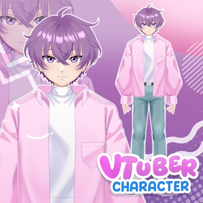 Custom male VTuber avatar design showing anime boy character with pastel color palette, clean outfit design, portrait close-up and full body layout suitable for Live2D rigging and streaming use.