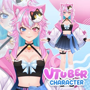 Anime-style VTuber character design featuring a pink and blue cat girl with heterochromia eyes, full body reference and close-up portrait view, showcasing clean character design suitable for Live2D VTuber model creation.