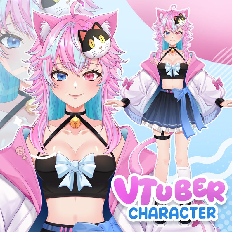 Anime-style VTuber character design featuring a pink and blue cat girl with heterochromia eyes, full body reference and close-up portrait view, showcasing clean character design suitable for Live2D VTuber model creation.