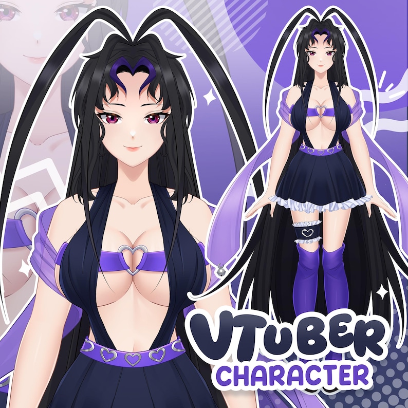 Full body anime VTuber female character with long black hair, purple outfit with heart accents and elegant design, detailed anime shading, designed for Live2D VTuber model. Close up of anime VTuber girl with long black hair and purple eyes, soft shading style, detailed face and expression, high quality anime rendering