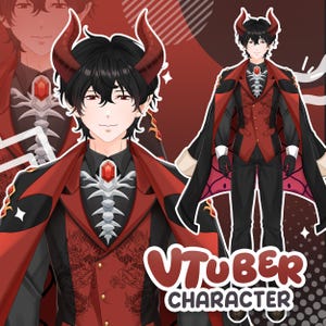 Könnte beinhalten: Eine digitale Illustration einer männlichen Anime-Figur mit schwarzen Haaren und roten Hörnern, die einen rot-schwarzen Anzug mit einem silbernen, wirbelsäulenartigen Bruststück, einer roten Edelsteinbrosche und einem langen Umhang trägt.