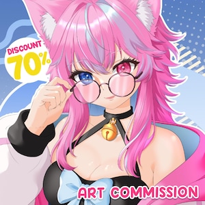 May include: An anime-style illustration of a character with vibrant pink hair, cat ears, and heterochromia, wearing round glasses and a black choker with a gold bell. The text reads DISCOUNT 70% and ART COMMISSION against a blue background.