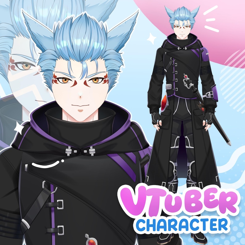 Custom male VTuber model character sheet with wolf boy design, futuristic outfit details, expressive anime face, and full body reference prepared for Live2D rigging and streaming avatar use.