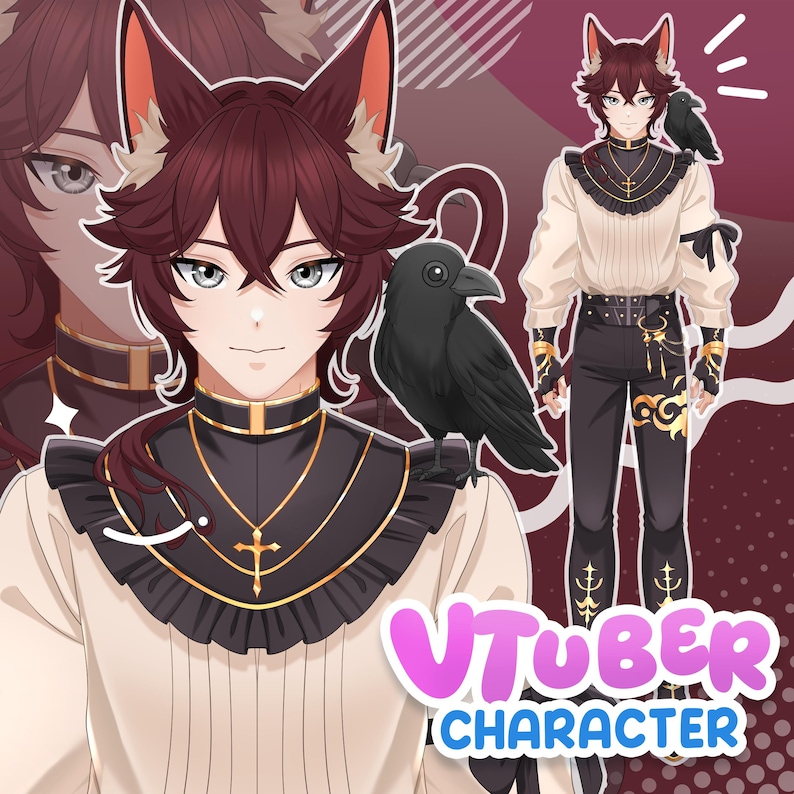 Custom male VTuber model design showing fox-themed anime character with refined fantasy aesthetic, detailed outfit accessories, companion raven mascot, and full body layout ready for streaming avatar creation.