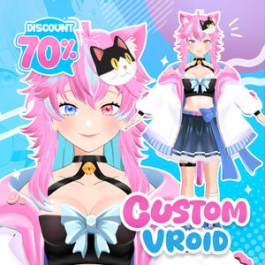 May include: An anime-style character illustration with pink hair, cat ears, and a black and white cat face accessory. The character has heterochromia, wearing a black top with a blue bow, and a white jacket. Text includes "Discount 70%" and "Custom Vroid."