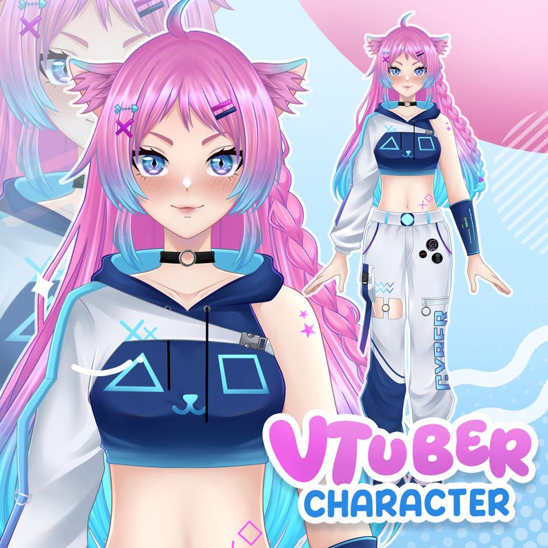 以下が含まれることがあります： ピンクとブルーの髪、猫耳、チョーカーをしたVTuberキャラクターのデジタルイラスト。キャラクターは、幾何学模様の白と青のパーカーとパンツを着用しています。「VTUBER CHARACTER」というテキストが表示されています。