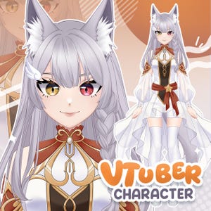 Beautiful and elegant fox girl VTuber character with long silver hair, fluffy ears, and heterochromia eyes. This anime style avatar is perfect for VTubers, streamers, and content creators who want a unique and professional Live2D model.
Custom VTuber design available with outfit, expression, and theme based on your concept. Perfect for Twitch, YouTube, and virtual streaming.