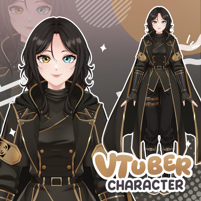 以下が含まれることがあります： 黒髪とオッドアイの女性Vtuberキャラクターのデジタルイラスト。黒と金の衣装にロングコートと手袋を着用しています。画像には、スタイリッシュなフォントで「VTUBER CHARACTER」というテキストが含まれています。