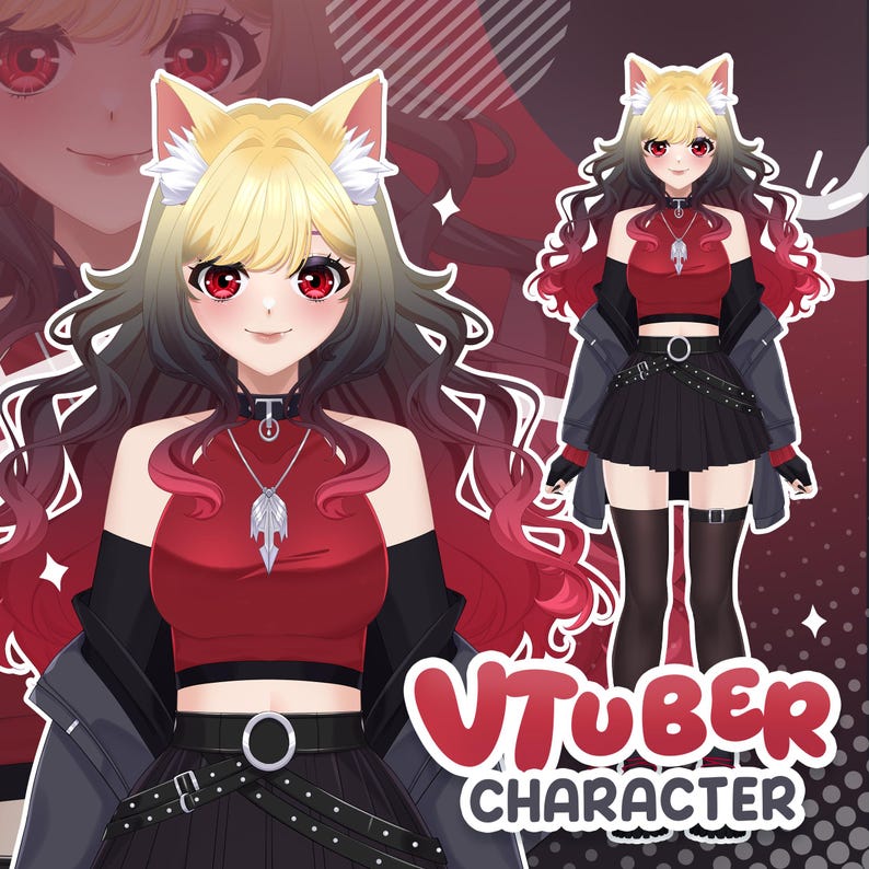 以下が含まれることがあります： 黄色い髪、赤い目、猫耳を持つアニメスタイルのキャラクターのデジタルイラスト。赤いクロップトップ、黒いスカート、ジャケットを着ています。画像には、スタイリッシュなフォントで「VTUBER CHARACTER」というテキストが含まれています。