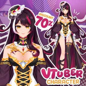 May include: A digital illustration of a VTuber character with long dark hair featuring magenta highlights, wearing a black, white, and gold outfit with a small hat. The image includes the text DISCOUNT 70% and VTUBER CHARACTER in bold letters.