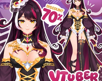 May include: A digital illustration of a VTuber character with long dark hair featuring magenta highlights, wearing a black, white, and gold outfit with a small hat. The image includes the text DISCOUNT 70% and VTUBER CHARACTER in bold letters.