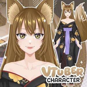 Elegant and charming kitsune fox girl VTuber character with a soft and graceful anime aesthetic ✨

This design features a beautiful fox girl with long brown hair, fluffy ears, and glowing golden eyes that create a warm and mystical vibe. The outfit is inspired by traditional Japanese kimono with modern VTuber style, decorated with gold floral patterns and a soft purple obi, making the character look elegant, calm, and refined.