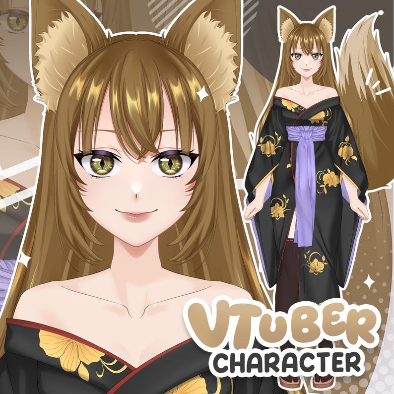 Elegant and charming kitsune fox girl VTuber character with a soft and graceful anime aesthetic ✨

This design features a beautiful fox girl with long brown hair, fluffy ears, and glowing golden eyes that create a warm and mystical vibe. The outfit is inspired by traditional Japanese kimono with modern VTuber style, decorated with gold floral patterns and a soft purple obi, making the character look elegant, calm, and refined.