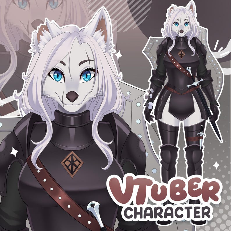 以下が含まれることがあります： 黒い鎧を着たオオカミのようなキャラクターのデジタルイラスト。茶色のストラップと剣が付いています。キャラクターは白い毛皮、青い目をしており、スタイリッシュなフォントで「VTUBER CHARACTER」というテキストが書かれています。