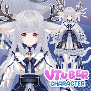 Full body anime VTuber character with deer theme, long silver hair, antlers and elegant blue outfit, detailed anime shading, designed for Live2D VTuber model and streaming use. Close up of anime VTuber girl with silver hair, red eyes and deer antlers, soft shading style, detailed face and accessories, high quality anime rendering