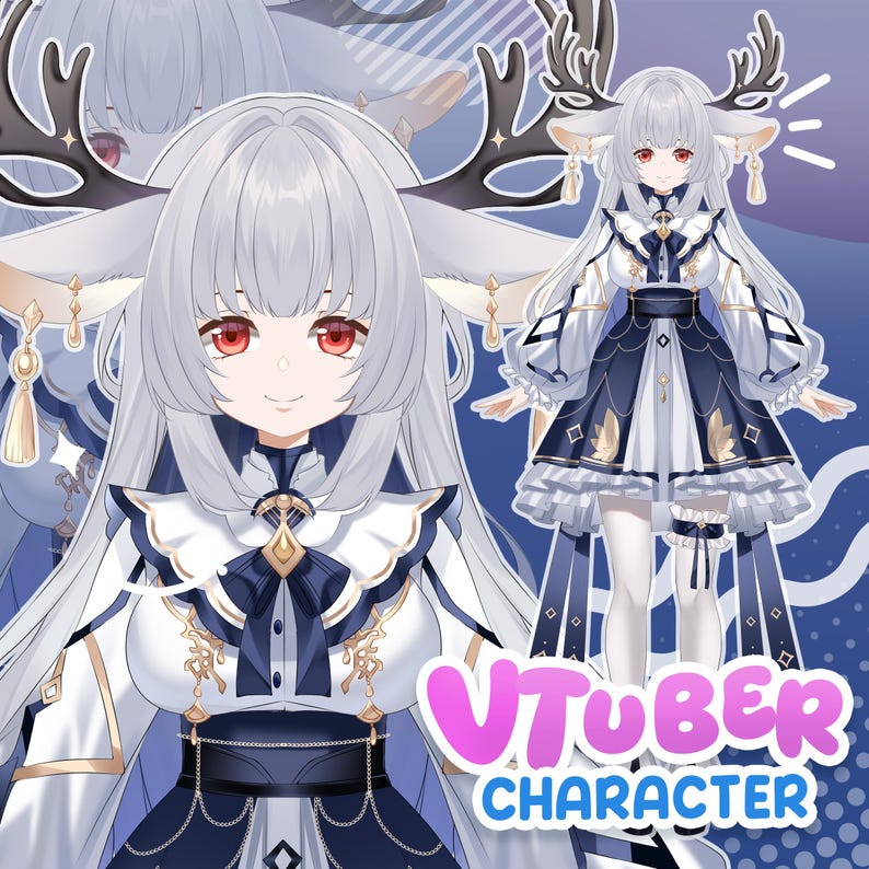 Full body anime VTuber character with deer theme, long silver hair, antlers and elegant blue outfit, detailed anime shading, designed for Live2D VTuber model and streaming use. Close up of anime VTuber girl with silver hair, red eyes and deer antlers, soft shading style, detailed face and accessories, high quality anime rendering
