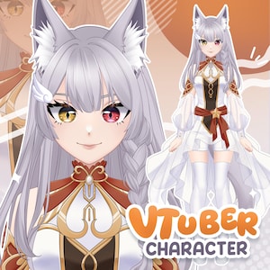 anime vtuber girl with long silver hair and animal ears, wearing elegant fantasy outfit in white and gold, heterochromia eyes, full body and close up character design. elegant anime vtuber model with silver hair, animal ears and heterochromia eyes, fantasy themed outfit, refined character design for streaming avatar