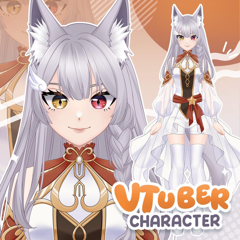 anime vtuber girl with long silver hair and animal ears, wearing elegant fantasy outfit in white and gold, heterochromia eyes, full body and close up character design. elegant anime vtuber model with silver hair, animal ears and heterochromia eyes, fantasy themed outfit, refined character design for streaming avatar