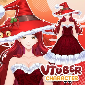 anime vtuber character with long red hair, golden eyes, wearing festive santa hat and red ruffle dress, detailed christmas outfit, cute and elegant female mascot design. christmas themed anime vtuber model girl with red hair, santa hat and stylish red dress, cute and expressive character design suitable for streaming avatar