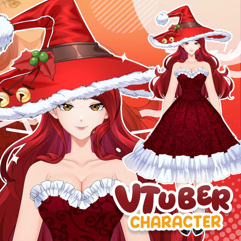 anime vtuber character with long red hair, golden eyes, wearing festive santa hat and red ruffle dress, detailed christmas outfit, cute and elegant female mascot design. christmas themed anime vtuber model girl with red hair, santa hat and stylish red dress, cute and expressive character design suitable for streaming avatar