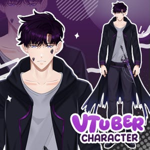 anime male vtuber with dark hair and purple accents, wearing black long coat and grey shirt, edgy character design with sharp eyes and accessory weapon, stylish full body illustration. cool anime male vtuber model with black hair, purple themed outfit and long coat, serious expression, designed for streaming avatar and digital persona