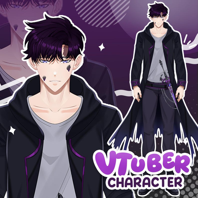 anime male vtuber with dark hair and purple accents, wearing black long coat and grey shirt, edgy character design with sharp eyes and accessory weapon, stylish full body illustration. cool anime male vtuber model with black hair, purple themed outfit and long coat, serious expression, designed for streaming avatar and digital persona