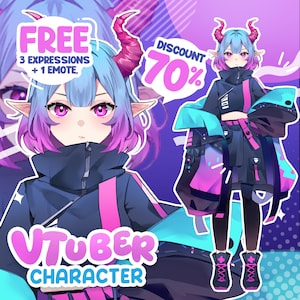 May include: A digital illustration of a VTuber character with blue and purple hair, pink eyes, and horns. The character wears a black jacket with pink accents and black trousers. Text includes "FREE 3 EXPRESSIONS + 1 EMOTE" and "DISCOUNT 70%."