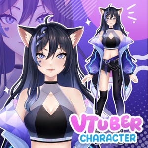 Custom VTuber model character sheet showing anime cat girl avatar with stylish cyber outfit, detailed portrait view and full body design prepared for Live2D rigging and streaming use.