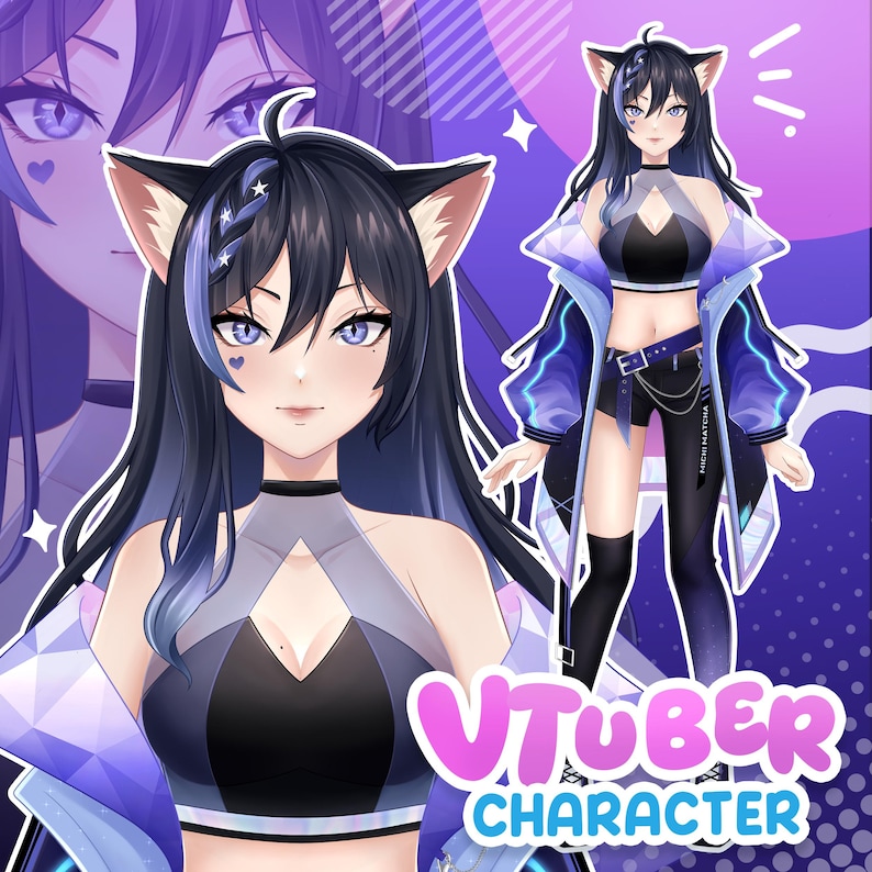 Custom VTuber model character sheet showing anime cat girl avatar with stylish cyber outfit, detailed portrait view and full body design prepared for Live2D rigging and streaming use.