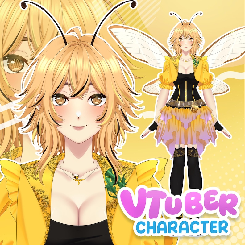 Cute bee fairy-themed VTuber character with bright yellow colors and cute anime design 🌼🐝
This character has bee antennae, transparent wings, and an elegant and cute fairy outfit—perfect for VTubers, streamers, and content creators who want to look unique and eye-catching.

This VTuber character is perfect for channel branding, VTuber debuts, character illustrations, or VTuber model design inspiration with a fantasy & cute aesthetic theme.