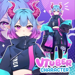 以下が含まれることがあります： 青と紫の髪、ピンクの目、ピンクの角を持つVTuberキャラクターのデジタルイラスト。キャラクターはピンクのアクセントが付いた黒いジャケットを着ています。「VTUBER CHARACTER」というテキストが下部に表示されています。