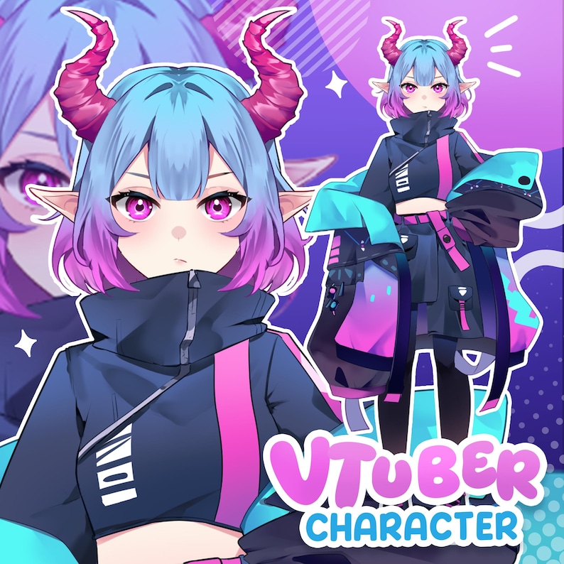 以下が含まれることがあります： 青と紫の髪、ピンクの目、ピンクの角を持つVTuberキャラクターのデジタルイラスト。キャラクターはピンクのアクセントが付いた黒いジャケットを着ています。「VTUBER CHARACTER」というテキストが下部に表示されています。