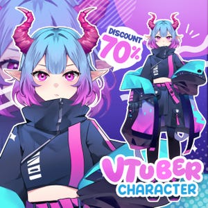 May include: An anime-style character with blue and pink hair, pointed ears, and red horns. The character wears a dark blue cropped jacket with pink accents and a high collar. Text reads DISCOUNT 70% and VTUBER CHARACTER in bold letters.