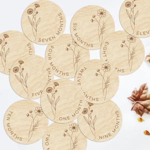 Octubre - Flores de caléndula y cosmos, marcadores y discos de madera para hitos mensuales de bebés recién nacidos / regalo para baby shower