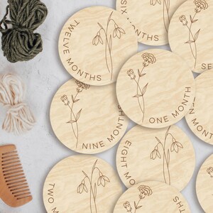Enero - Claveles y campanillas de invierno (flores para el mes de nacimiento) - Marcadores y discos de madera para hitos mensuales de bebés recién nacidos / Regalo para baby shower