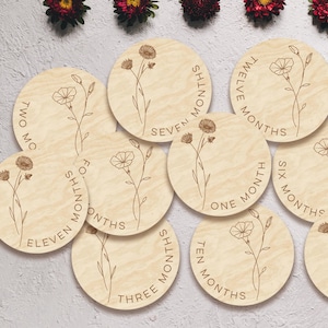 Septiembre - Flores de Aster y Morning Glory, mes de nacimiento, marcadores y discos de madera para hitos mensuales de bebés recién nacidos / regalo para baby shower