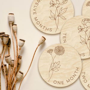 Noviembre - Flores de crisantemo y peonía para el mes de nacimiento. Marcadores y discos de madera para hitos mensuales de bebés recién nacidos/regalo para baby shower.
