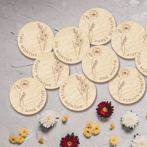 Agosto - Amapolas y gladiolos, mes de nacimiento, flores, marcadores y discos de madera para hitos mensuales de bebés, para recién nacidos/regalo para baby shower