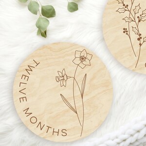 Diciembre - Flores de acebo y narciso, mes de nacimiento, marcadores y discos de madera para hitos mensuales de bebés para recién nacidos/regalo para baby shower