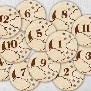 Marcadores y discos de madera para hitos mensuales de bebés, con diseño de luna, estrellas y nubes, para recién nacidos: momentos importantes del bebé/regalo para baby shower
