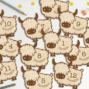 Marcadores y discos de madera con forma de vaca de las tierras altas para bebés recién nacidos: momentos importantes del bebé/regalo para baby shower