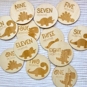 Marcadores y discos de madera con forma de dinosaurio para hitos mensuales de bebés recién nacidos: momentos importantes del bebé / regalo para baby shower