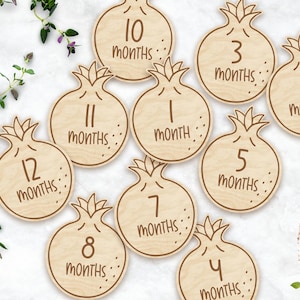 Marcadores y discos de madera con granada para hitos mensuales de bebés recién nacidos: momentos clave para el bebé / regalo para baby shower