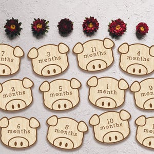 Marcadores y discos de madera con forma de cerdo de granja para bebés recién nacidos: momentos importantes del bebé/regalo para baby shower