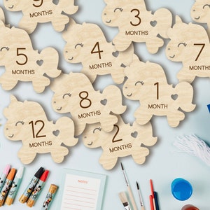 Marcadores y discos de madera con forma de unicornio para hitos mensuales de bebés recién nacidos: para los momentos más importantes del bebé o como regalo para baby shower