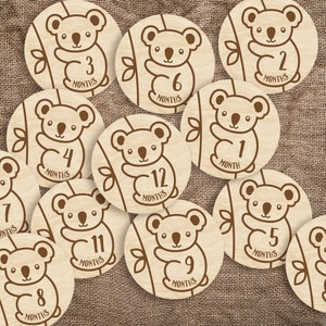 Marcadores y discos de madera para hitos mensuales de bebés Koala Hug para recién nacidos: para los momentos más importantes del bebé o como regalo para baby shower